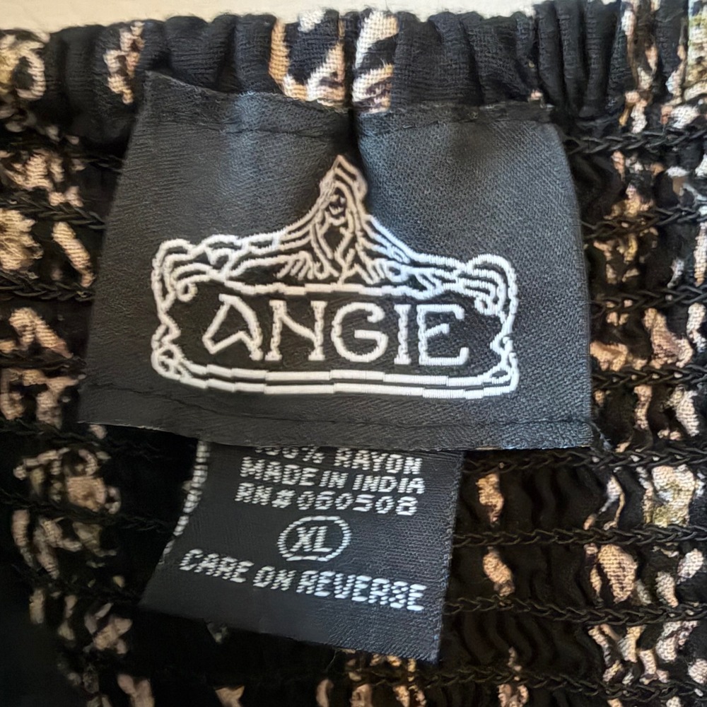 Angie Black Cream Floral Stripe Twist Front Smocked Puff Sleeve Midi Dress XL - Picture 3 of 3